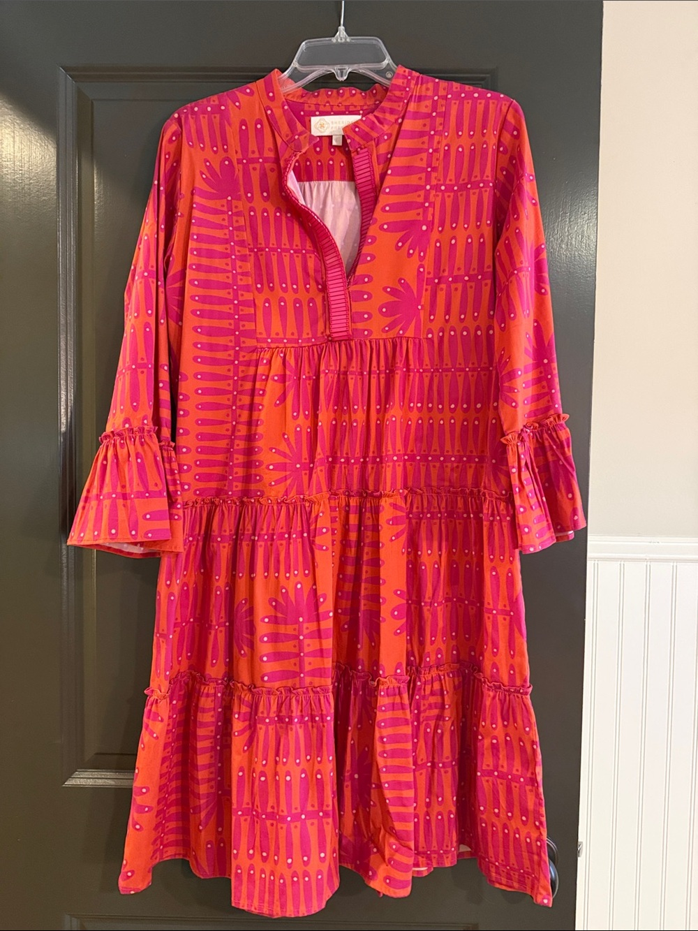 Bold Pink & Orange Tiered Mini Dress with Ruffle Sleeves